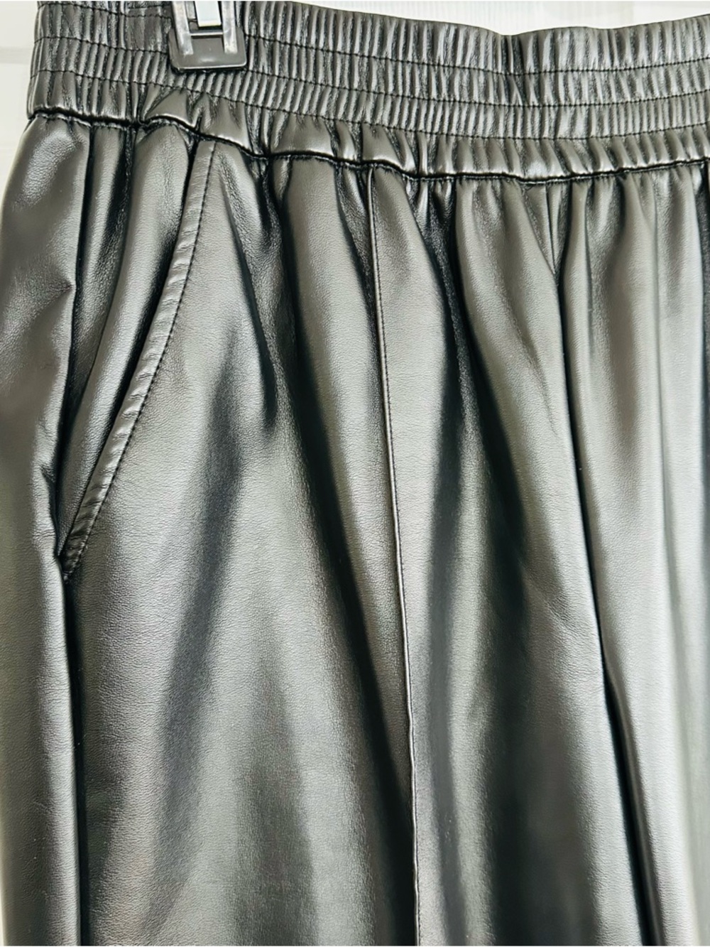 Black Faux Leather Straight-Leg Pants with Elastic Waist